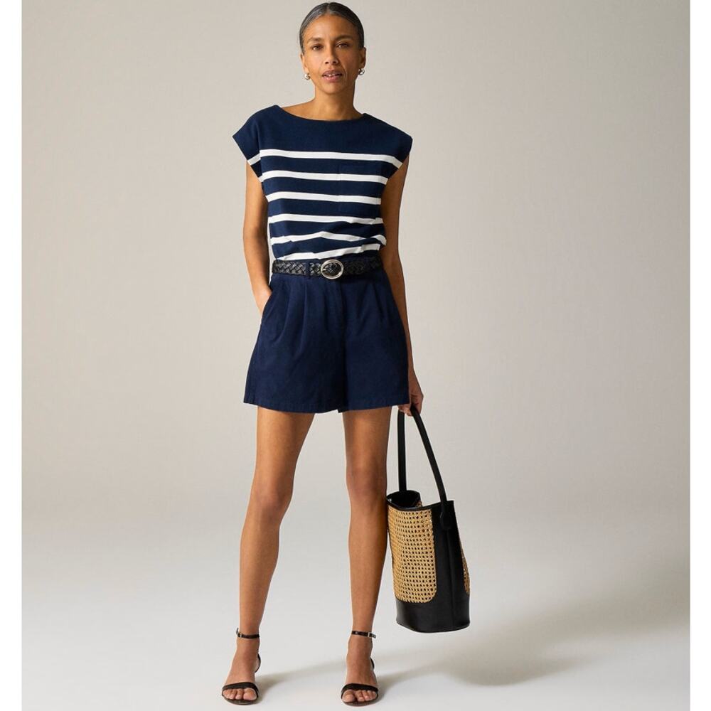 J.Crew Heritage 5" Pleated Chino Short WMNS 4 Navy High Rise Stretchy Zip Fly